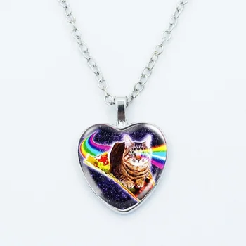 Niedliche, lustige Regenbogen-Alien-Katzen-Herz-Anhänger-Halskette, Tierform, Kunstfoto, Glas-Cabochon-Schmuck