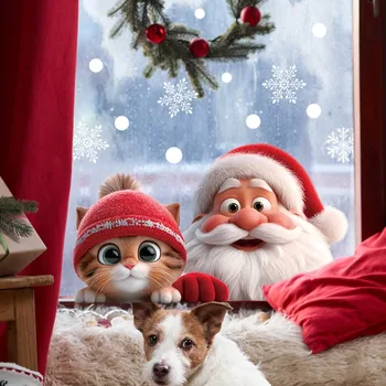 ​ Weihnachts-Fensteraufkleber, statisch haftend, PVC, Weihnachtsmann, Katze, Schneeflocke, Dekor