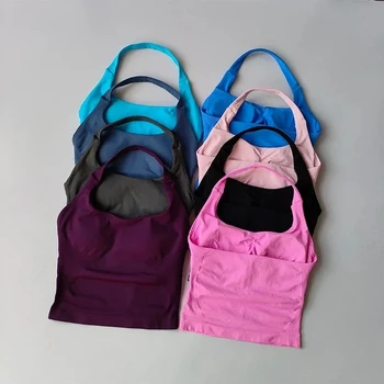 Nahtloses Neckholder-Yoga-Tanktop für Damen, integrierter BH, gepolstertes Gym-Top, ärmelloses Hemd