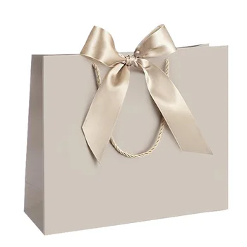 (5 Beutel + 5 Bänder) Elegante beige Dankeschön-Geschenktüten, Geschenktüten aus Papier (10 Stück)