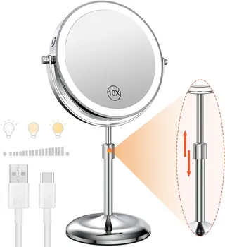 8 Zoll Schmink spiegel mit Licht lampe 10x Vergrößerung 3 Farblich ter, einstellbare Helligkeit Höhe stehender