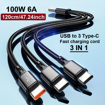 3-in-1 USB-C Ladekabel 100 W, USB-A auf 3× USB-C
