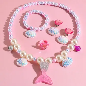 Neuartiges Muschel-Meerjungfrauen-Schmuckset für Kinder, Halskette, Ohrringe, Armband, Ring-Set
