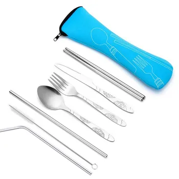 Edelstahl Geschirr Set Outdoor Tragbare Stoff Tasche Messer Gabel Löffel Stäbchen Stroh Reiche (7 Stück)