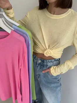 Hirsionsan 2025, grundlegende weiche T-Shirts für Damen, Sommer, Herbst, lange Ärmel, lose Unterseite