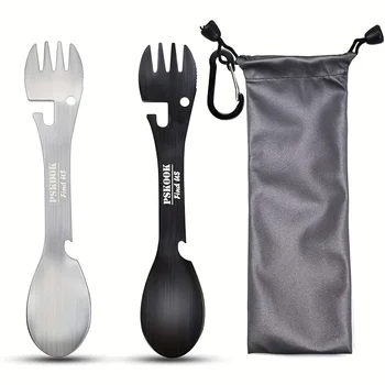 PSKOOK Outdoor Survival Tools 5-in-1 Camping Multifunktionales EDC-Kit Praktische Gabel Messer Löffel
