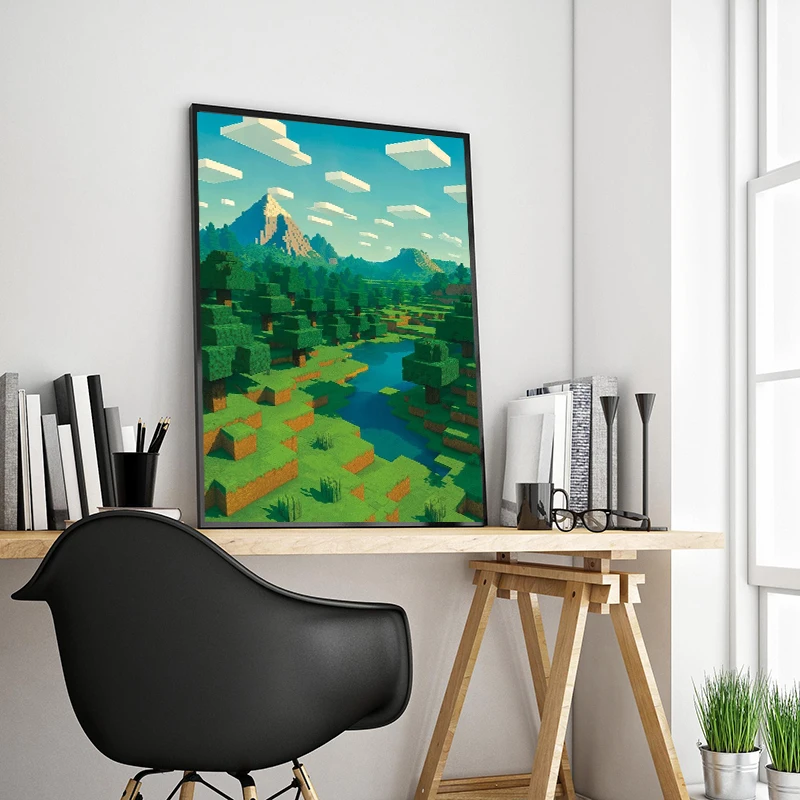 Block Pixel World Videospiel Fluss Berg Wald Landschaft Stil – Bild 4