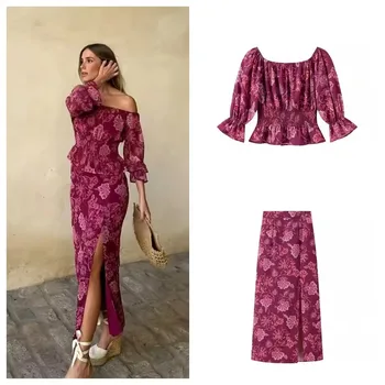 Bedruckter Anzug Loungewear Damen One-Shoulder Slim Langarmshirt mit hoch tailliertem, geradem Schlitzrock