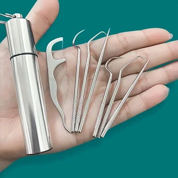 Zahnstocher-Set aus Edelstahl, wiederverwendbare Zahnstocher, Zahnseide, Zahnstein-Entfernungswerkzeug