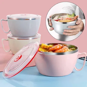 Tragbarer Instant-Nudelschüssel aus Edelstahl mit Deckel, doppelt isoliert, Verbrühschutz, Lunchbox