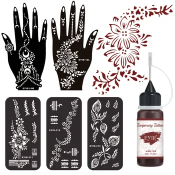 Henna-Tattoo-Set 5 Sets Mandala-Schablonen mit weinroter Tattoo-Paste Temporäre Körperkunst DIY