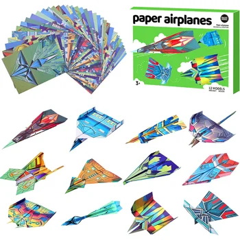 12 verschiedene Papierflugzeug-Bausätze, buntes Origami-Papier, handgefertigtes Bastelflugzeug, Geschenk
