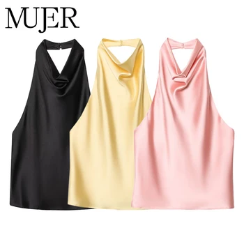 Damen Halter-Tops 2026: Schwarzes Satin-Backless-Top, Rosa Sommer-Strand-Top, Schulterfreies Camisole-Top