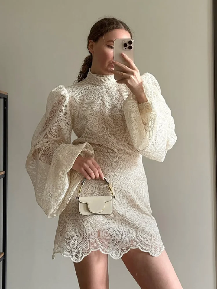 Elegante Frauen Solide Aushöhlen Spitze Mini Kleid Chic Hohe – Bild 3