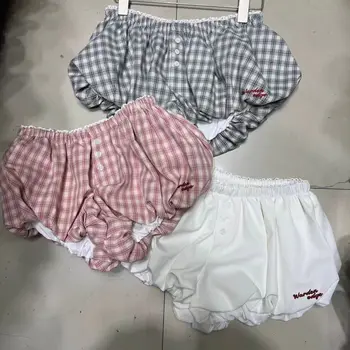 Damen Plaid Bubble Shorts Elastische Taille Bloomer Shorts Lässige kurze Hosen Sommer Streetwear