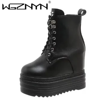 Marke Punk Stil Frauen 12CM Plattform Keile Stiefel Herbst Weiche Leder Mode Metall Niet Weibliche Spitze Up