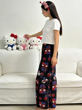 Hello Kitty Flanell-Schlafhose, schwarze, verdickte, warme Fleecehose, lässige Spazierhose für Paare, perfekt