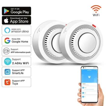2er-Pack Tuya Smart WiFi Rauchmelder mit Echtzeit-App-Benachrichtigungen Kabelloser Feuermelder Alarm 85dB