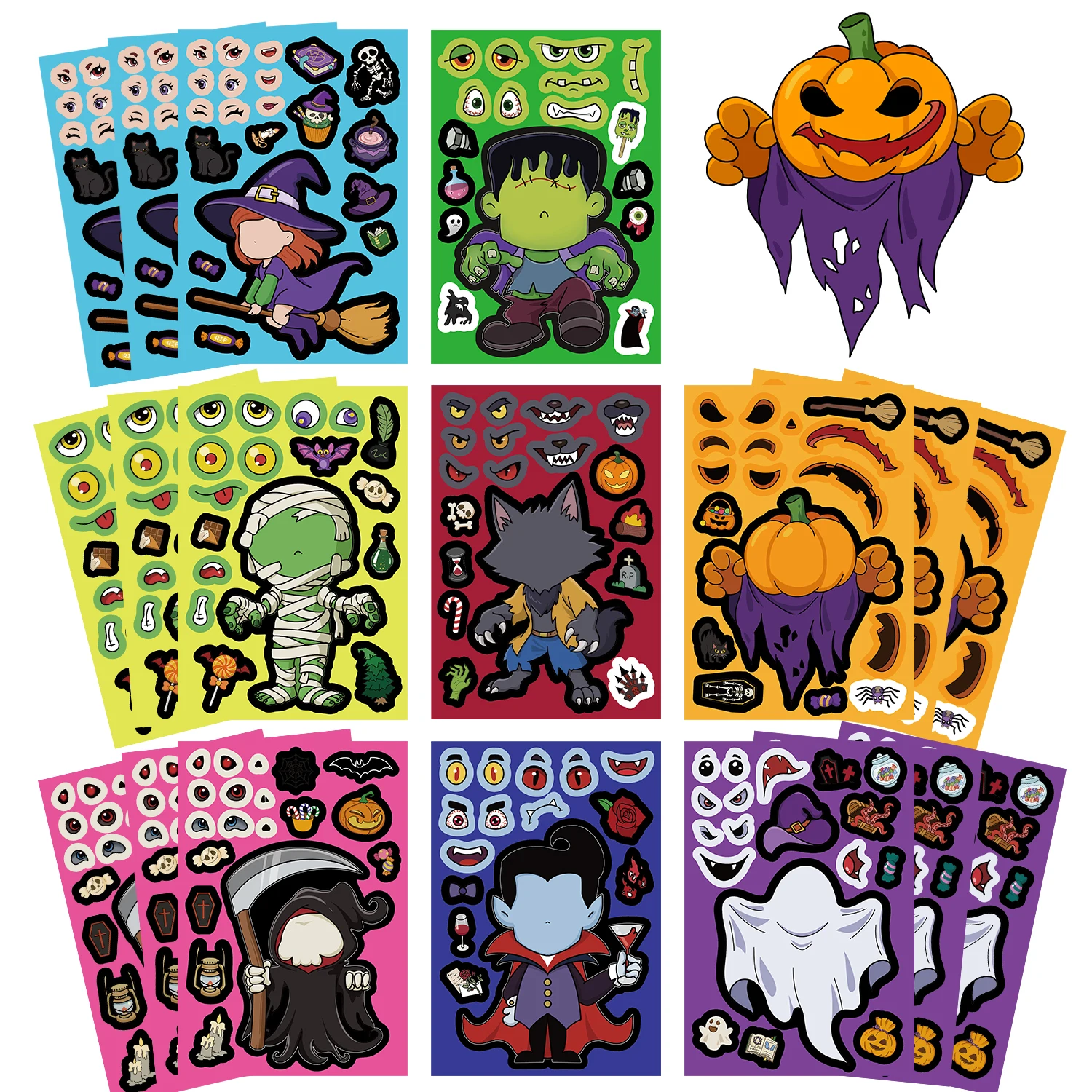 32 Blatt Halloween Make a Face Puzzle PVC Aufkleber Kinder – Bild 6