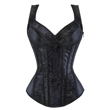 Damen-Korsett mit Trägern, schwarzes Vollbrustkorsett, Übergröße, florales Jacquard-Korsett