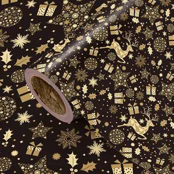 1 Rolle Weihnachtsgeschenkpapier | Dunkelbrauner Hintergrund mit goldenen Weihnachtselementen, geeignet