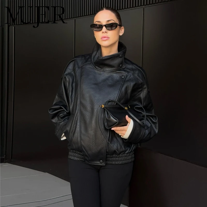 MUJER Schwarze Kunstlederjacken für Damen, Oberbekleidung