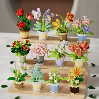 Kreativer Bausteinstrauß, Geschenk zum Topf mit ewiger Blume, Rosen-Sonnenblumen-Topfpflanze, zusammengebautes