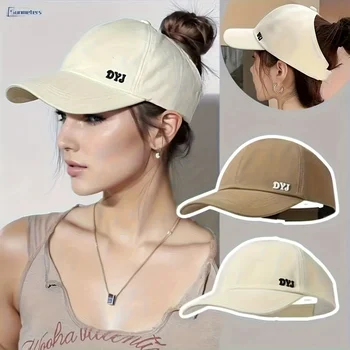 Damen-Baseballkappe im Casual-Stil mit Pferdeschwanz-Öffnung, Buchstaben-Stickerei vorne und offener Rückseite