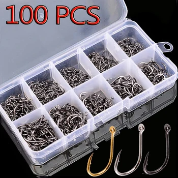 Angelhaken-Set, 100 Stück, Box 10er-Serie, Hartstahl, Einzelkreis-Angelhaken, Fliegenfischen, Jip-Karpfenhaken