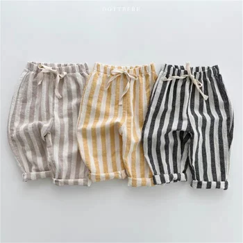Vintage Leinen Baumwolle Streifen Hosen für Jungen Casual Tasche Design Gummibänder Taille Hosen für Kleinkind