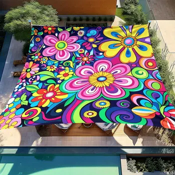 Psychedelische Outdoor-Markise und Strandsonnenschirm mit Blumenmuster im Stil der 1960er Jahre - lebhaftes