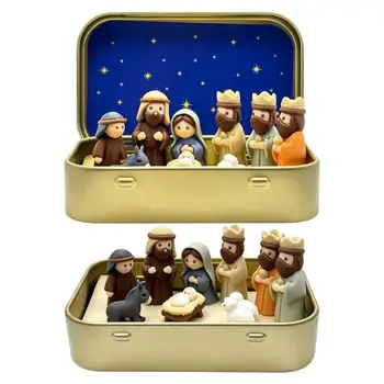 Miniatur-Krippenszene 3D-Druck Religiöse Figuren Blechdose Weihnachtsdekoration Krippenset Heim-Bücherregal