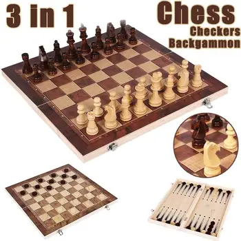 3-in-1-Schachbrett, klappbares tragbares Schachspielbrett aus Holz, Schachbrett aus Holz für Erwachsene