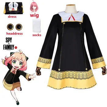 Anime SPY X FAMILY Anya Forger Cosplay Kostüm Schwarzes Kleid Uniform Kind Mädchen Rosa Perücke Strümpfe