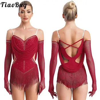 Damen-Trikotkleid mit Quasten für lateinamerikanischen Tanz, Strass-Fransen-Body + Handschuhe, Outfits