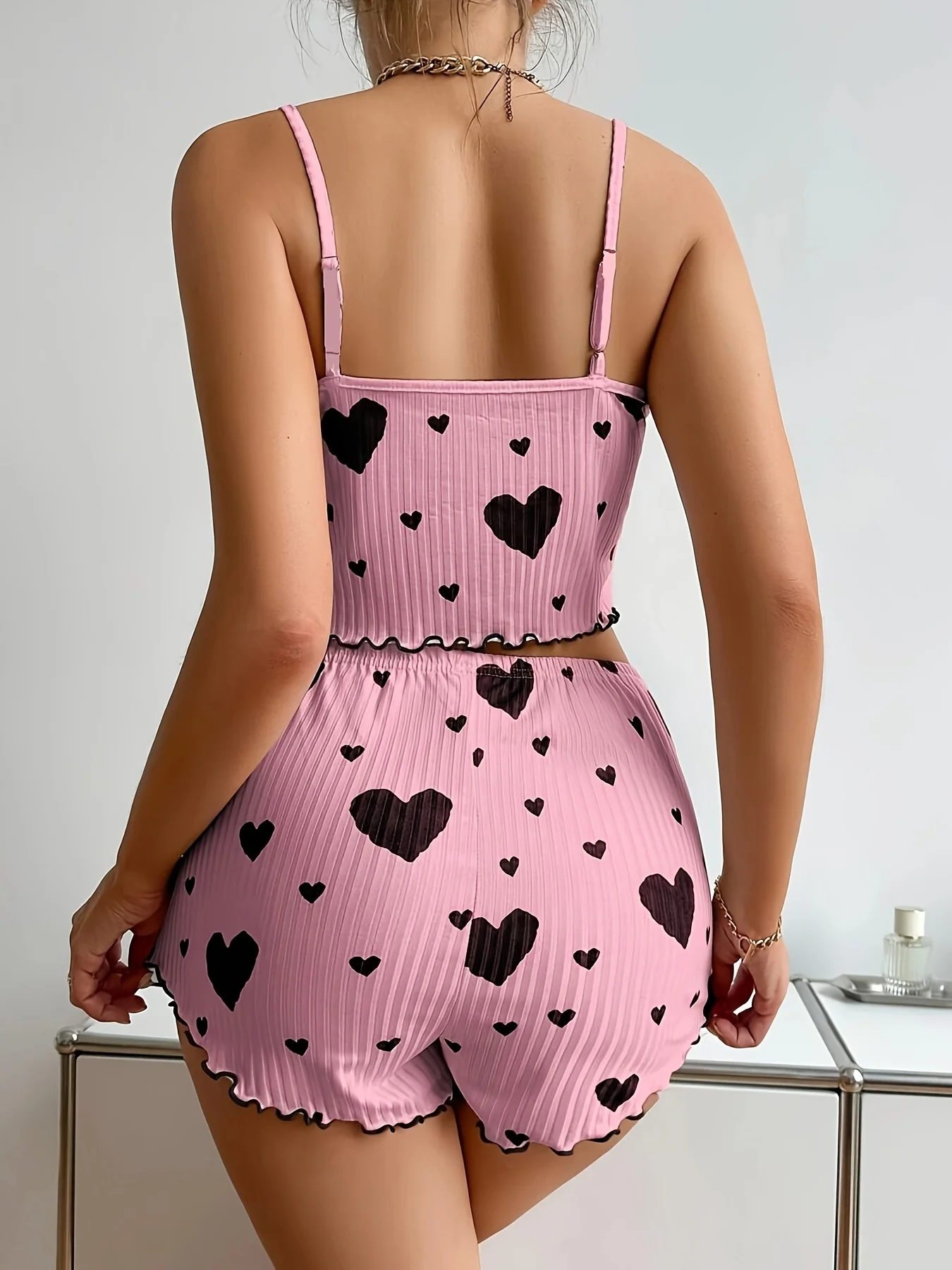 Damen-Pyjama-Set mit Herz-Print, 2-teilig, weiches, geripptes – Bild 6