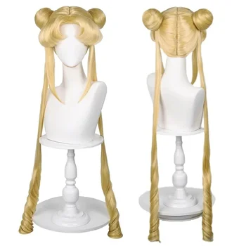 Sailor Moon Tsukino Usagi Lange lockige blonde Pferdeschwanz-Perücke mit 2 Pferdeschwänzen mit Perückenkappe