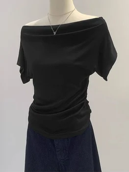 Sommer Eine Schulter Schwarz frauen T-shirt Kurzarm Koreanischen Stil Abnehmen Top Freiliegende Schulter