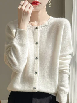 Frauen 100% Merino Wolle Strickjacke Weiche Oansatz Kaschmir Pullover OL Geknöpft Strickwaren Casual Top