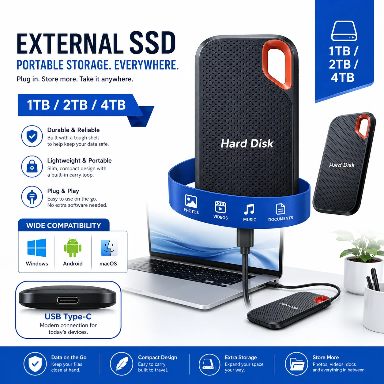 1TB Externe Festplatte 2TB Tragbare SSD USB-C Schneller
