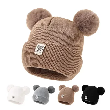 Herbst Winter Baby Warme Gestrickte Hüte Mit Pom Kinder Stricken Beanie Hut Einfarbig Kinder Hut Für Jungen
