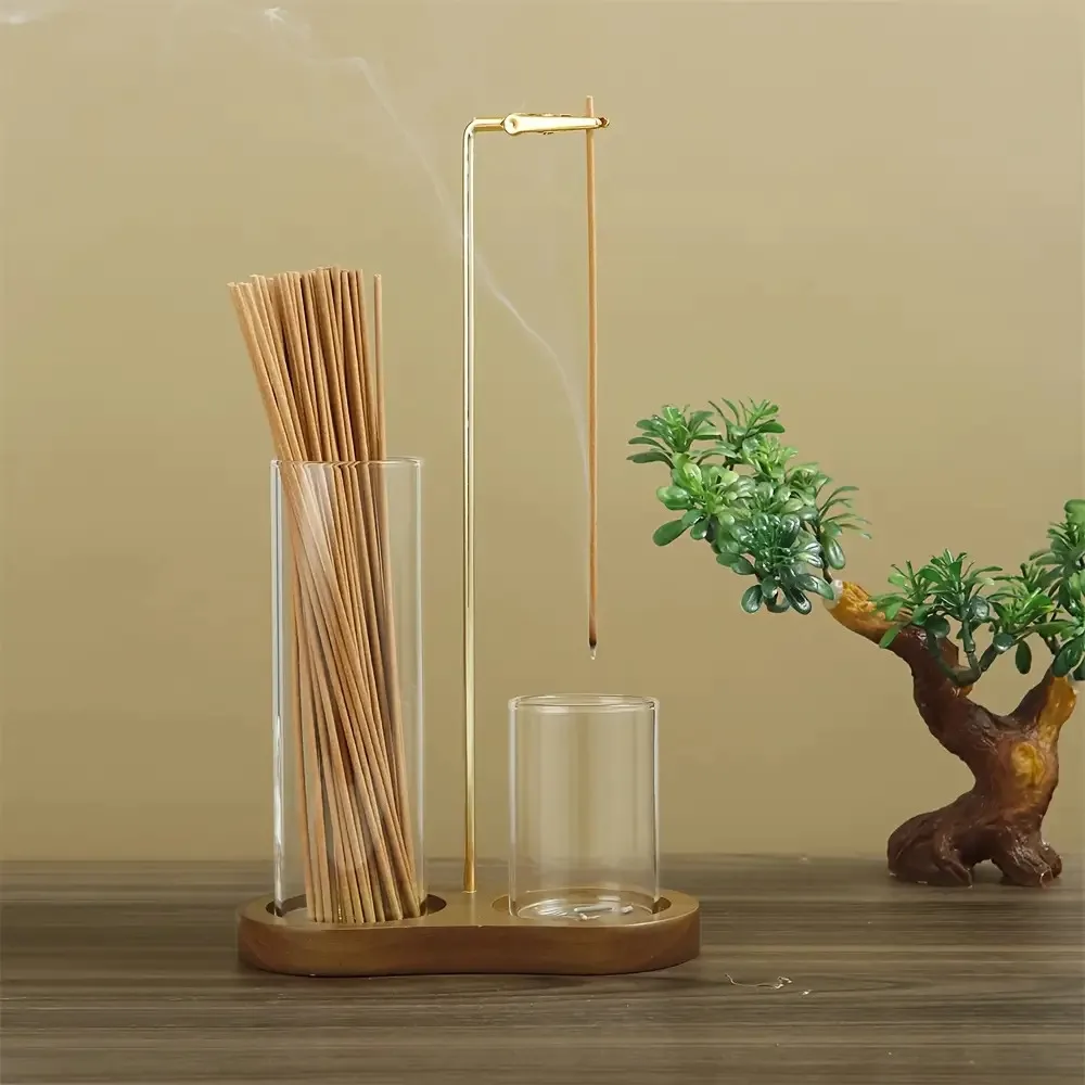 Räucherstäbchenhalter mit Ständer, Glashalter, Holztablett – Bild 3