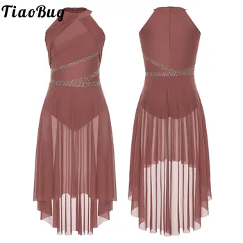 Modernes lyrisches Tanzkleid für Damen, High-Low-Tüll, Strass, Ballett, Gymnastik, Trikots
