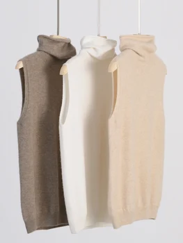 Frauen 100% Merino Wolle Ärmellose Pullover Rollkragenpullover Weste Wolle Strickwaren Frühling Herbst Winter
