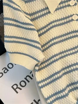2025 Polo Neck Neue Frauen Stricken T-Shirt Gestreiften Kurzarm Frauen T Shirt für Weibliche Dünne Tops Frau T