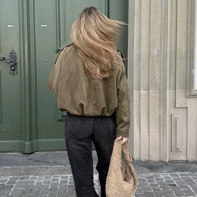 Frauen Bomber Jacken Mäntel Mode drehen-unten Kragen Langarm – Bild 4