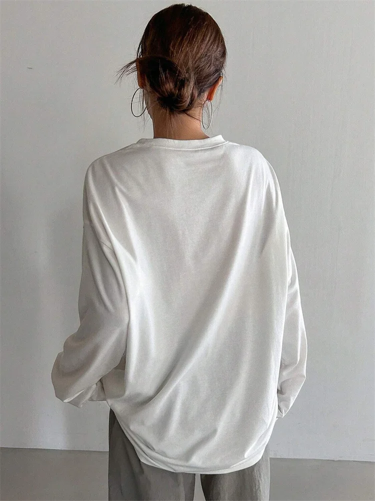 Frauen Grundlegende Lange Hülse Lose Oansatz T-shirt Herbst – Bild 6