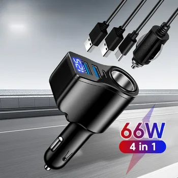 66W 4-Port-Auto-Ladegerät mit digitaler Anzeige, Zigarettenanzünder-Adapter, 3,1 A USB PD