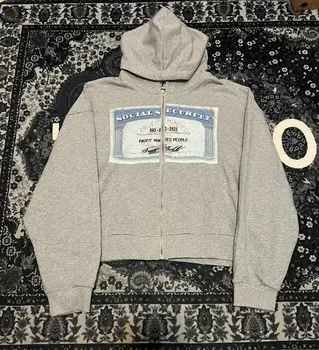 Grauer Y2K Harajuku Dollar-Print Hoodie Euro Street Style Viral Harajuku-Inspiriertes