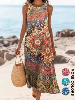 2026 Damen Ärmelloses Bohemian Blumen Freizeit Strand MIDI Sommerkleid mit Taschen, fließend und locker